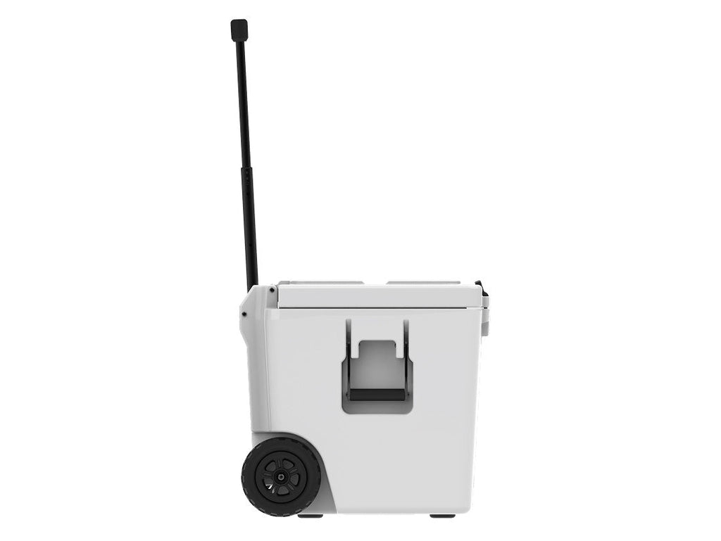 Side view of the white wheeled cooler with the handle raised and a black wheel showing