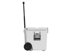 Side view of the white wheeled cooler with the handle raised and a black wheel showing