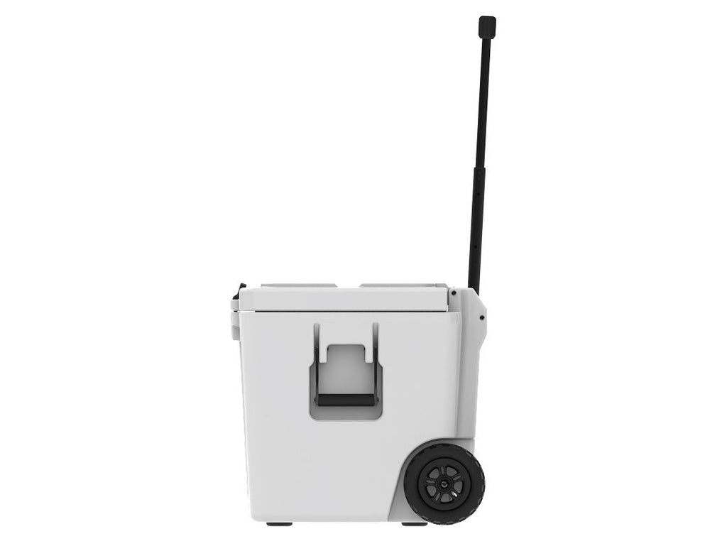 Side view of the white wheeled cooler from the other side, handle raised