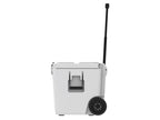 Side view of the white wheeled cooler from the other side, handle raised