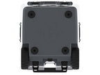 Underside of the charcoal gray wheeled cooler showing rubber feet, wheels and a molded C logo
