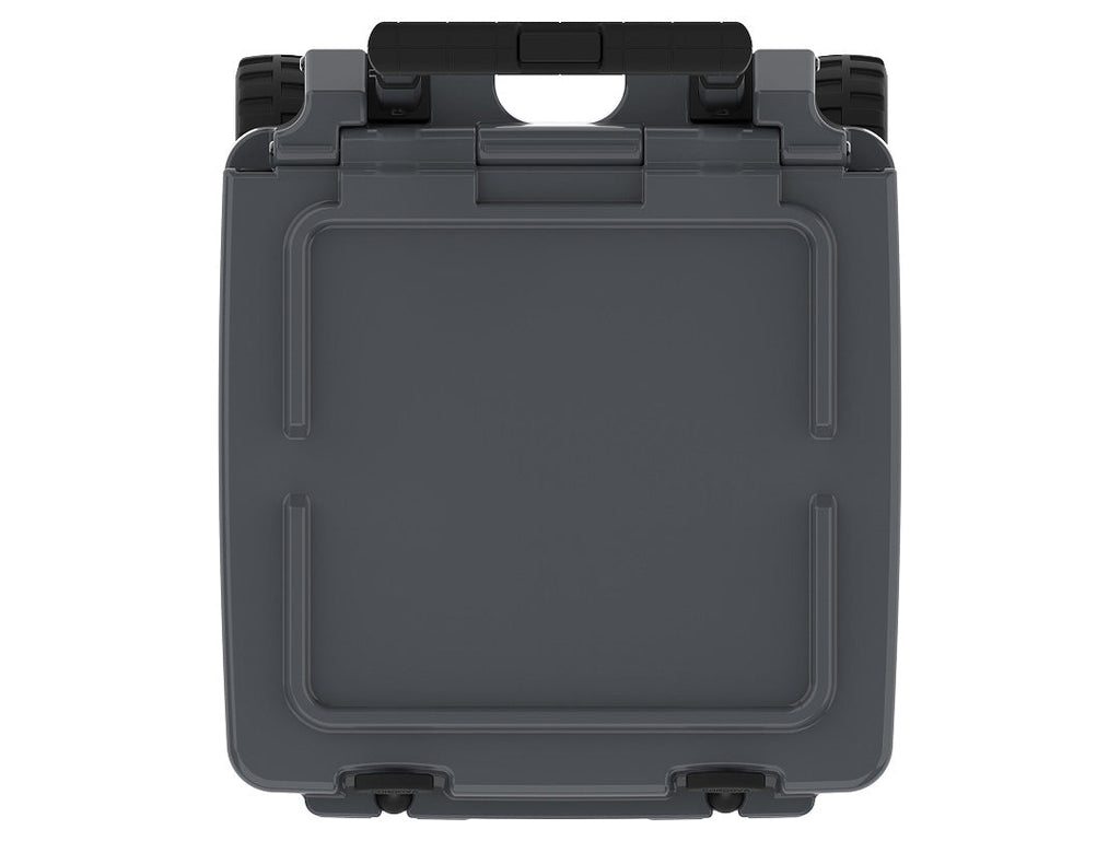 Top-down view of the charcoal gray wheeled cooler's closed lid