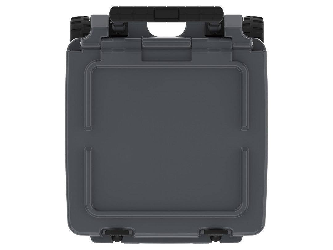 Top-down view of the charcoal gray wheeled cooler's closed lid