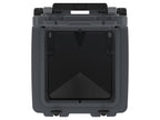 Top-down view into the open charcoal gray wheeled cooler's empty insulated well