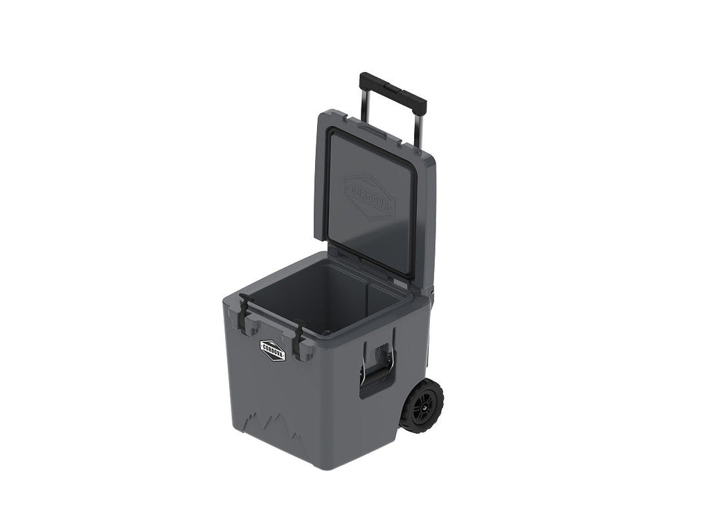 Charcoal gray wheeled cooler at an angle with the lid propped open