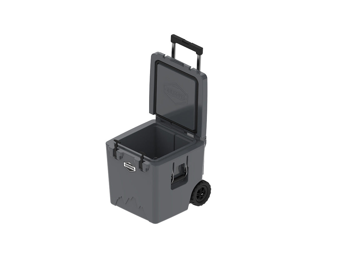 Charcoal gray wheeled cooler at an angle with the lid propped open