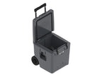 Charcoal gray wheeled cooler at an angle with the lid open and the handle up