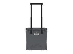 Charcoal gray wheeled cooler from the front with its telescoping handle fully raised