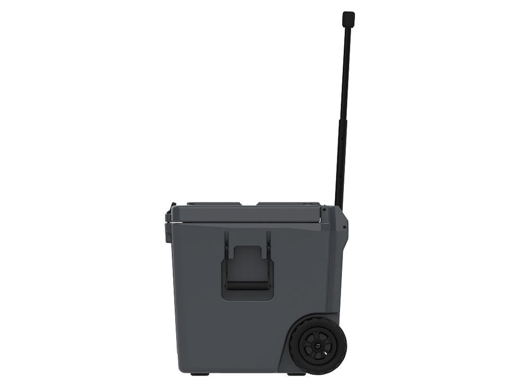 Side view of the charcoal gray wheeled cooler with the telescoping handle extended