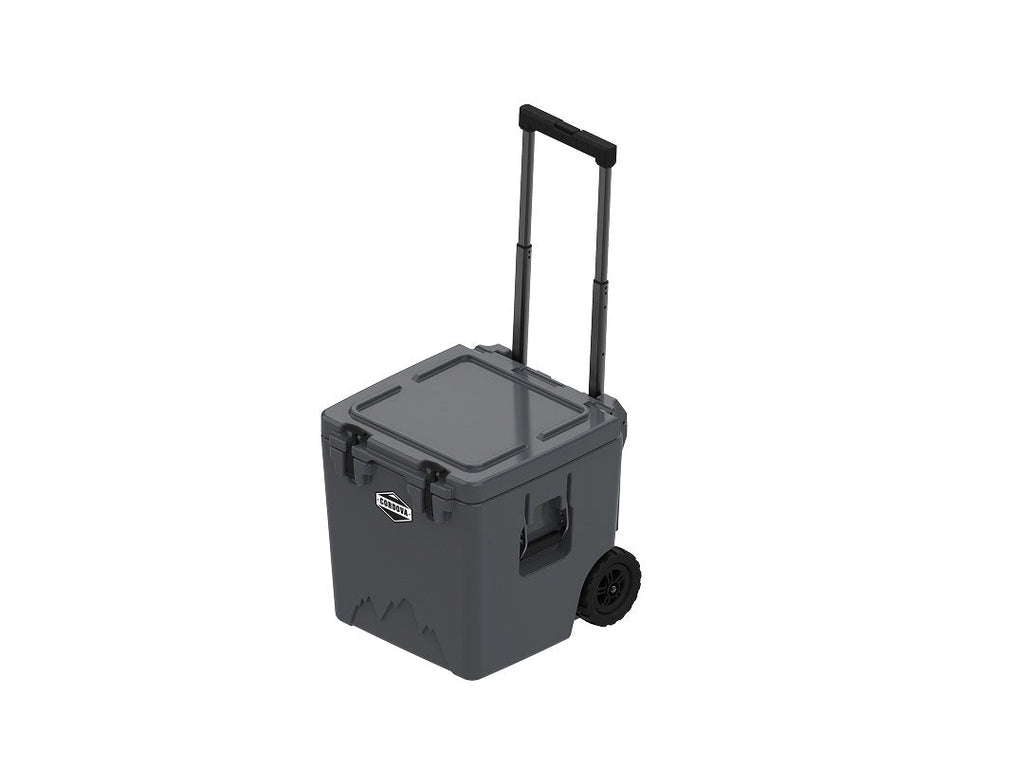 Charcoal gray wheeled cooler from above at an angle, lid closed, handle raised
