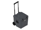 Charcoal gray wheeled cooler at an angle with the handle extended and the lid closed