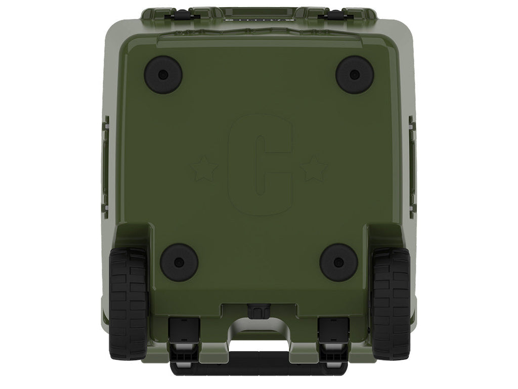 Underside of the olive green wheeled cooler showing rubber feet, wheels and a molded C logo