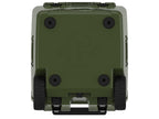 Underside of the olive green wheeled cooler showing rubber feet, wheels and a molded C logo