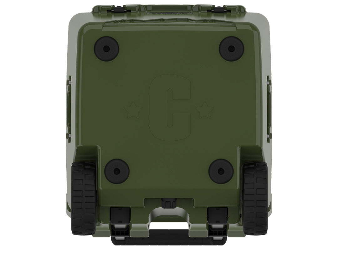 Underside of the olive green wheeled cooler showing rubber feet, wheels and a molded C logo