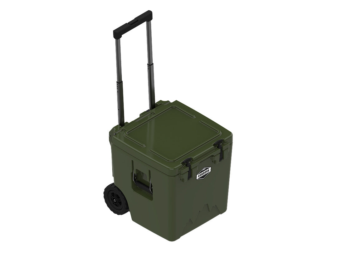 Olive green wheeled cooler at an angle with the handle extended and the lid closed