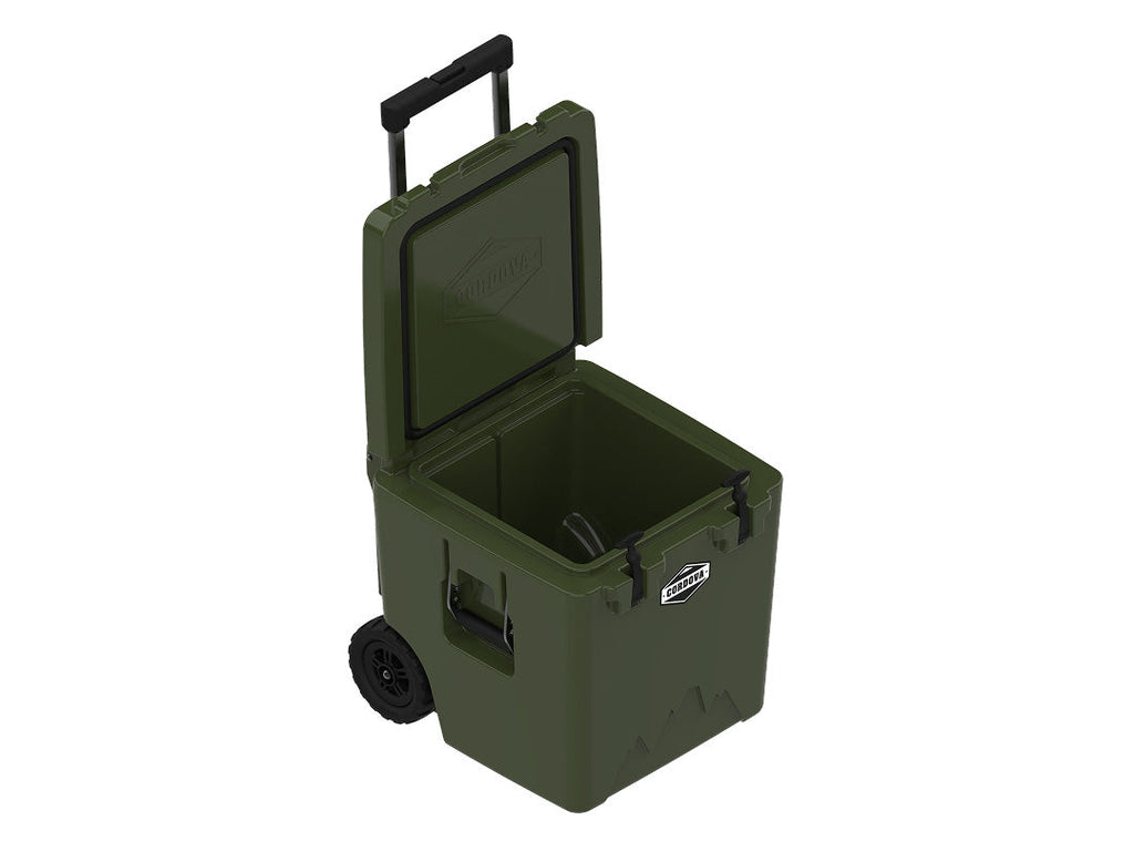 Olive green wheeled cooler at an angle with the lid open and the handle up