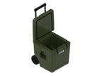 Olive green wheeled cooler at an angle with the lid open and the handle up