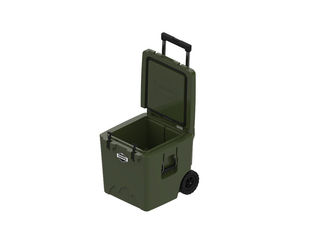 Olive green wheeled cooler at an angle with the lid propped open