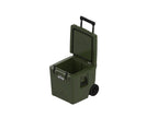 Olive green wheeled cooler at an angle with the lid propped open