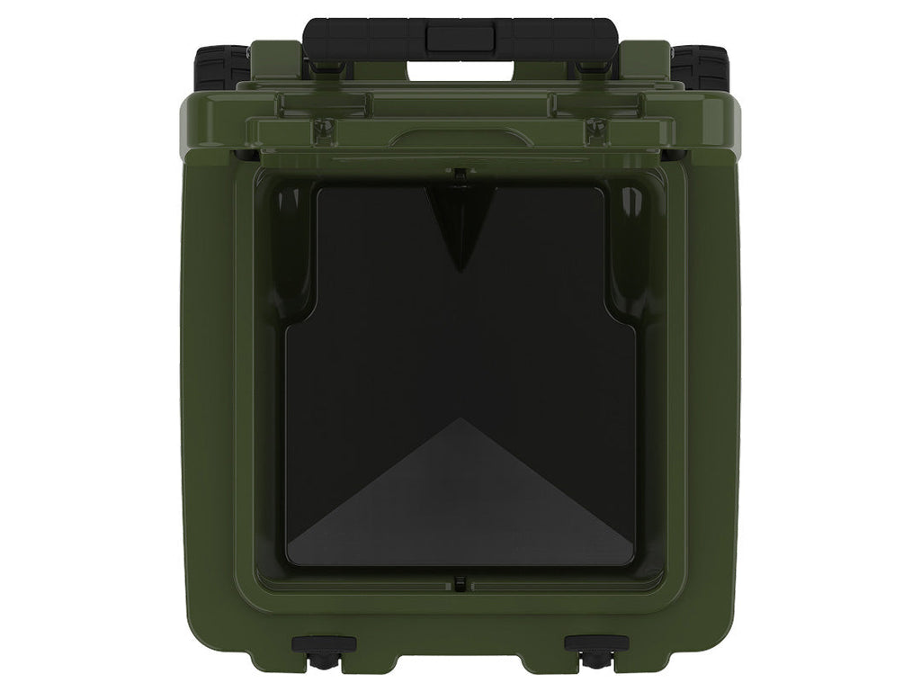 Top-down view into the open olive green wheeled cooler's empty insulated well