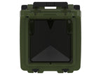 Top-down view into the open olive green wheeled cooler's empty insulated well