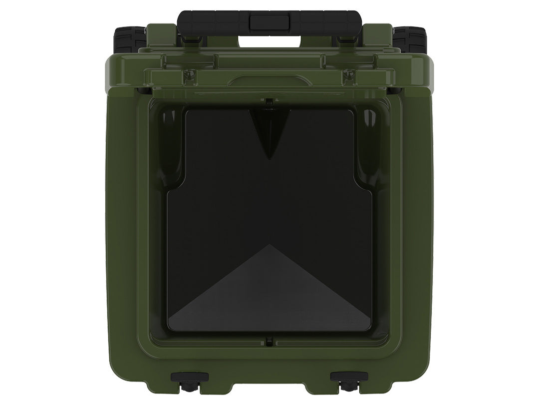 Top-down view into the open olive green wheeled cooler's empty insulated well