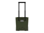 Olive green wheeled hard cooler from the front with its telescoping handle fully raised