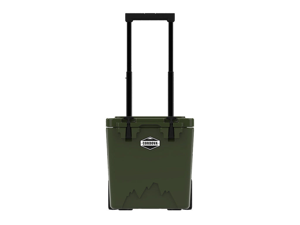 Olive green wheeled cooler from the front, handle raised, on white