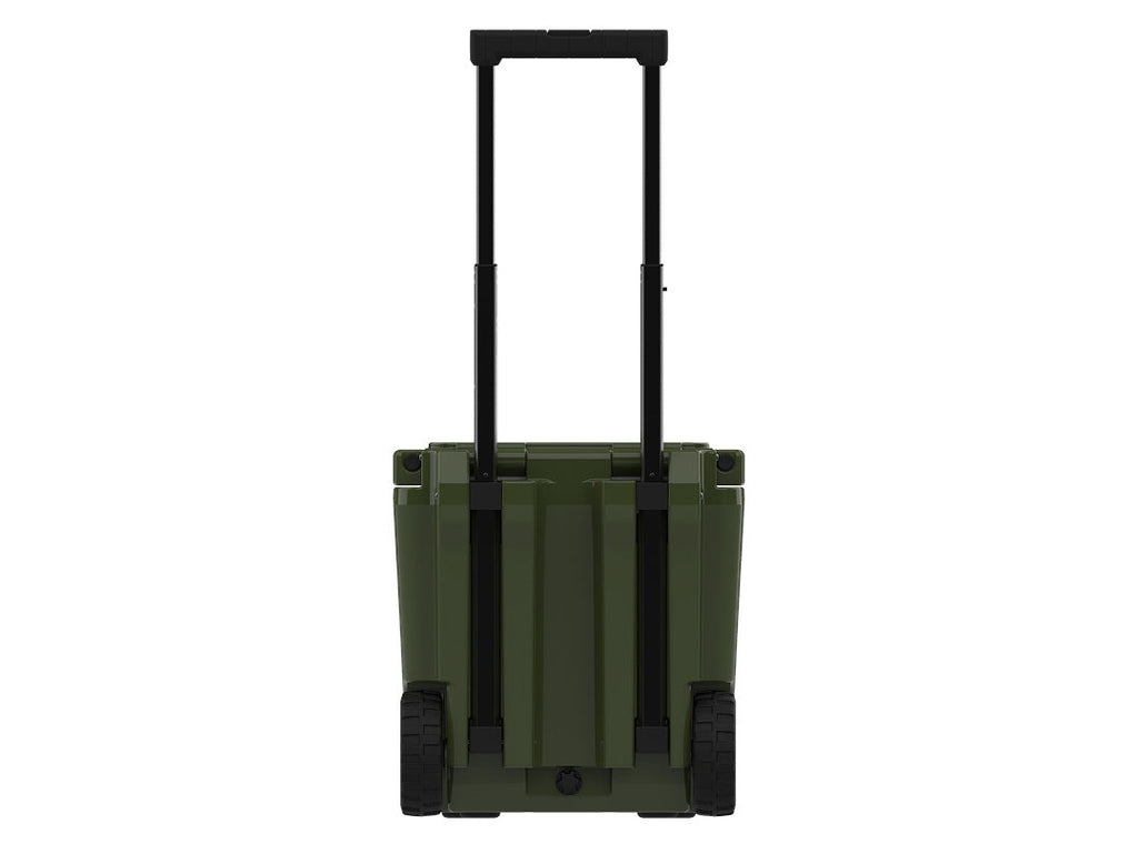 Back of the olive green wheeled cooler with the telescoping handle raised between two wheels