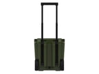 Back of the olive green wheeled cooler with the telescoping handle raised between two wheels