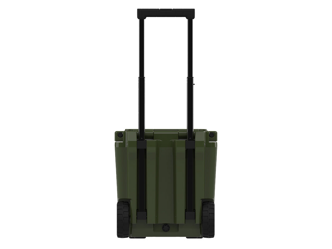 Back of the olive green wheeled cooler with the telescoping handle raised between two wheels
