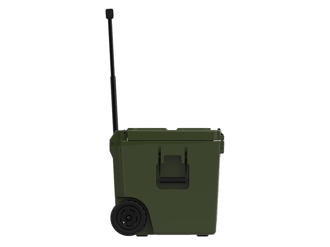 Side view of the olive green wheeled cooler with the handle raised and one wheel showing