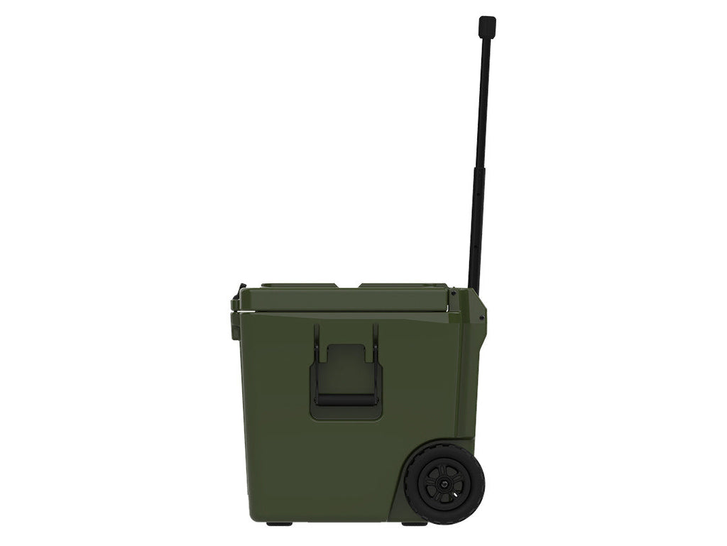 Side view of the olive green wheeled cooler from the other side, handle raised
