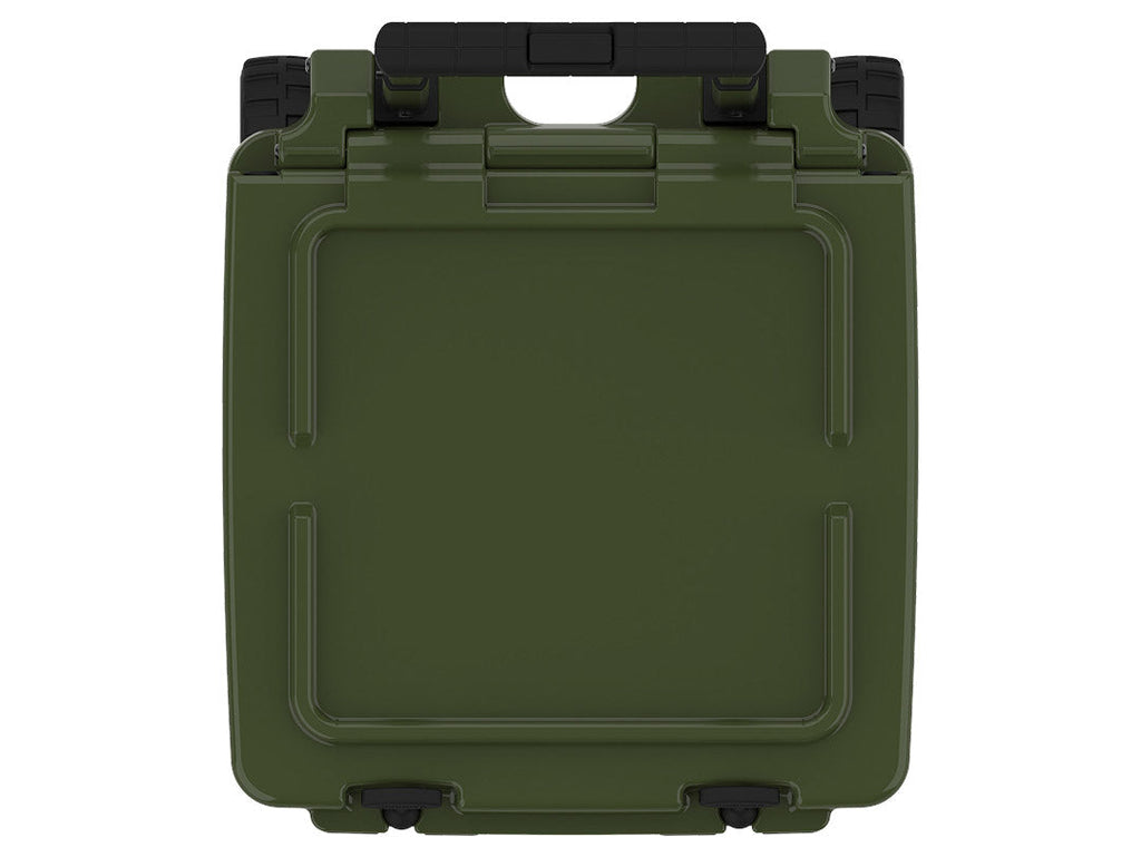 Top-down view of the olive green wheeled cooler's closed lid