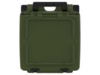 Top-down view of the olive green wheeled cooler's closed lid