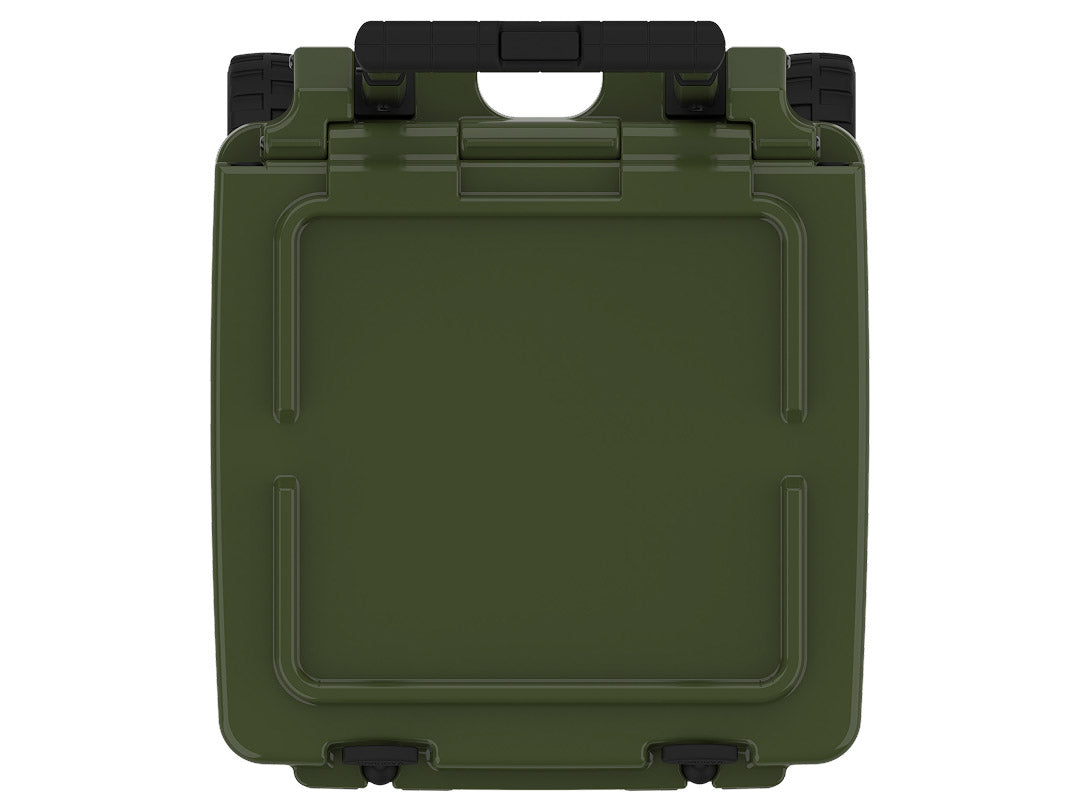 Top-down view of the olive green wheeled cooler's closed lid