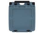 Top-down view of the slate-blue wheeled cooler's closed lid and folded black handle