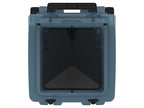 Top-down view into the open slate-blue wheeled cooler, an empty square insulated well