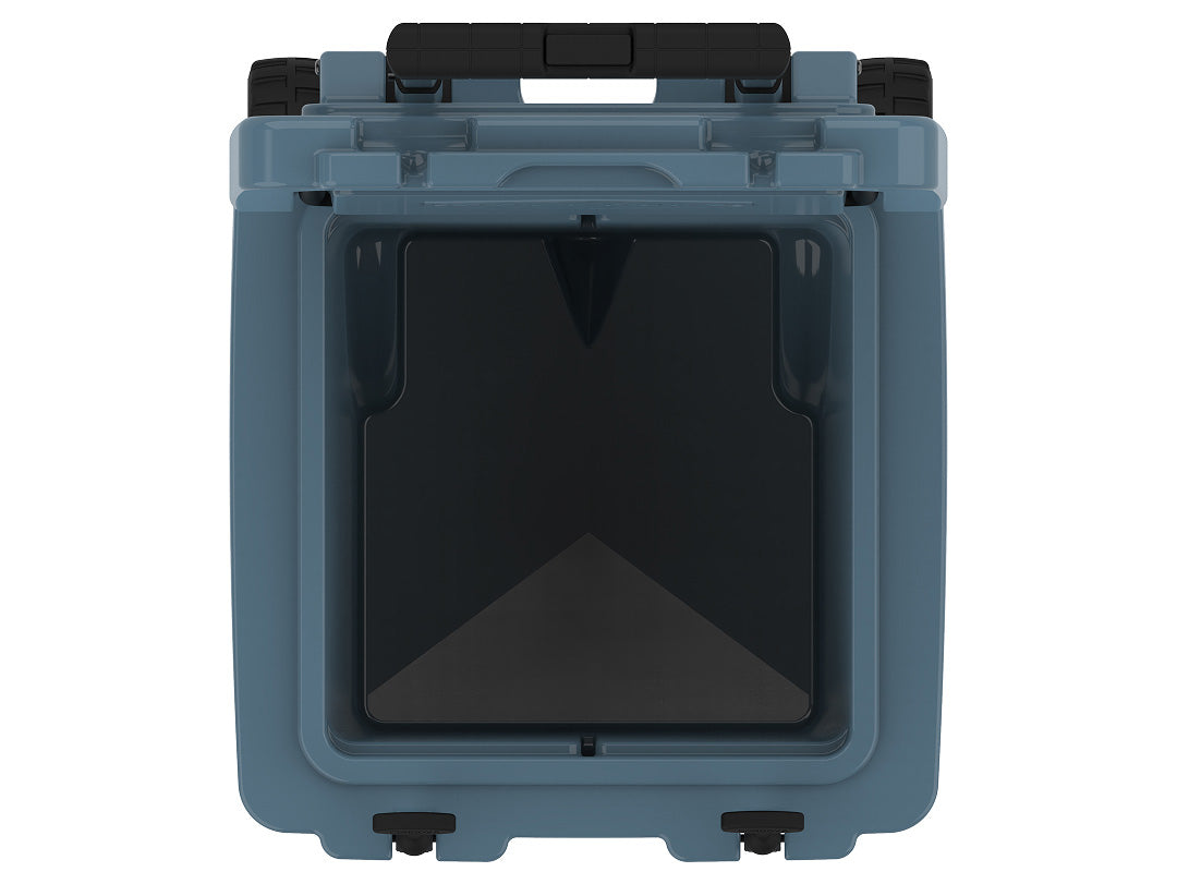 Top-down view into the open slate-blue wheeled cooler, an empty square insulated well