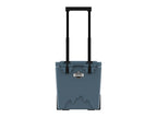Slate-blue wheeled hard cooler from the front with its telescoping handle fully raised
