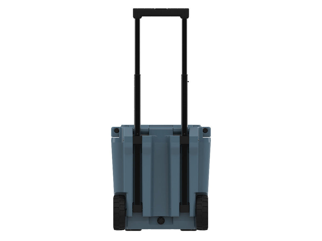 Back of the slate-blue wheeled cooler with the telescoping handle raised between two black wheels