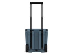 Back of the slate-blue wheeled cooler with the telescoping handle raised between two black wheels