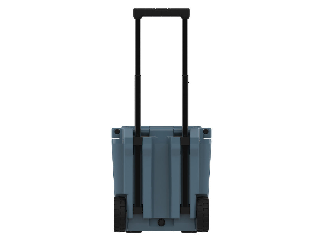 Back of the slate-blue wheeled cooler with the telescoping handle raised between two black wheels