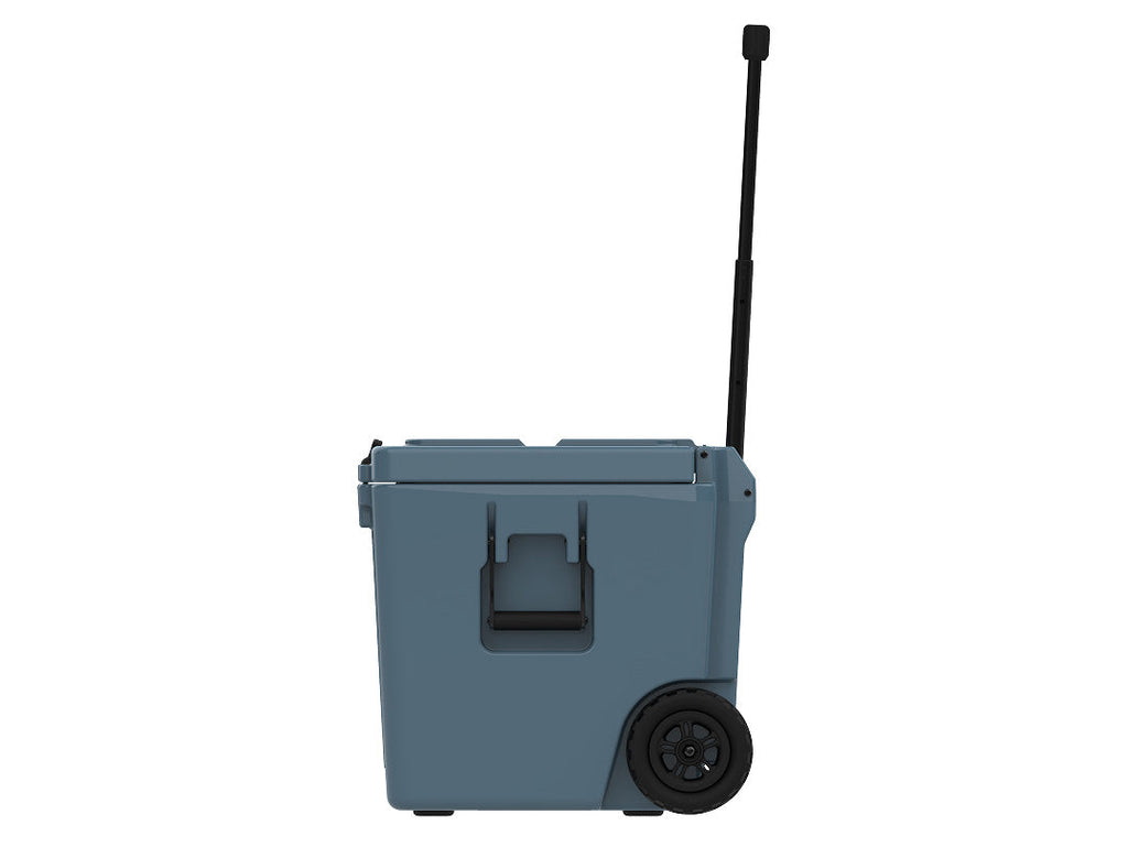 Side view of the slate-blue wheeled cooler with the telescoping handle extended