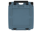 Top-down view of the slate-blue wheeled cooler's closed lid