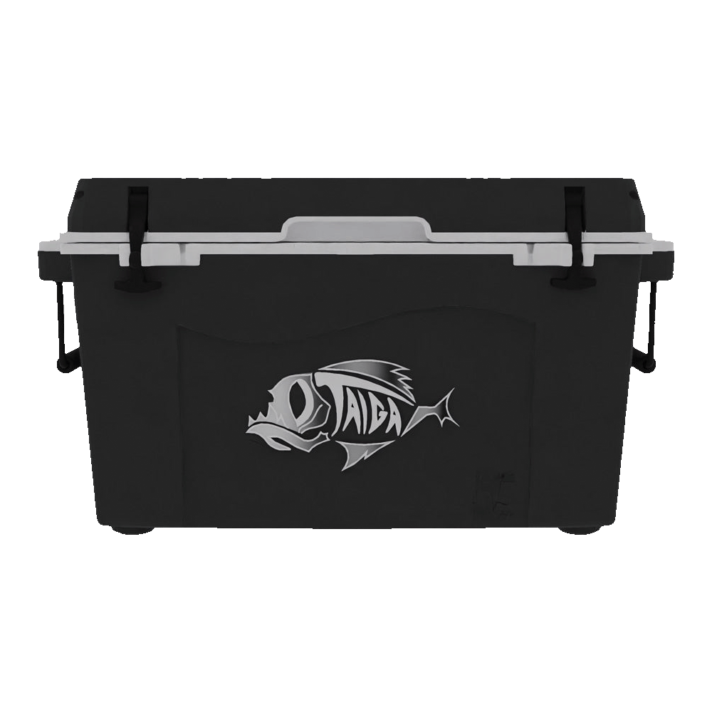 Black hard cooler with a white lid rim, two latches, a silver fish logo and a drain plug, seen at an angle
