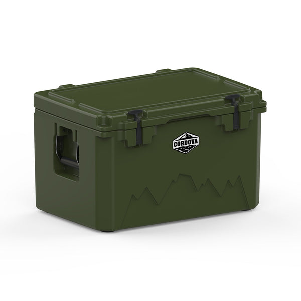 Olive green hard cooler at an angle with the lid closed and a molded side handle showing