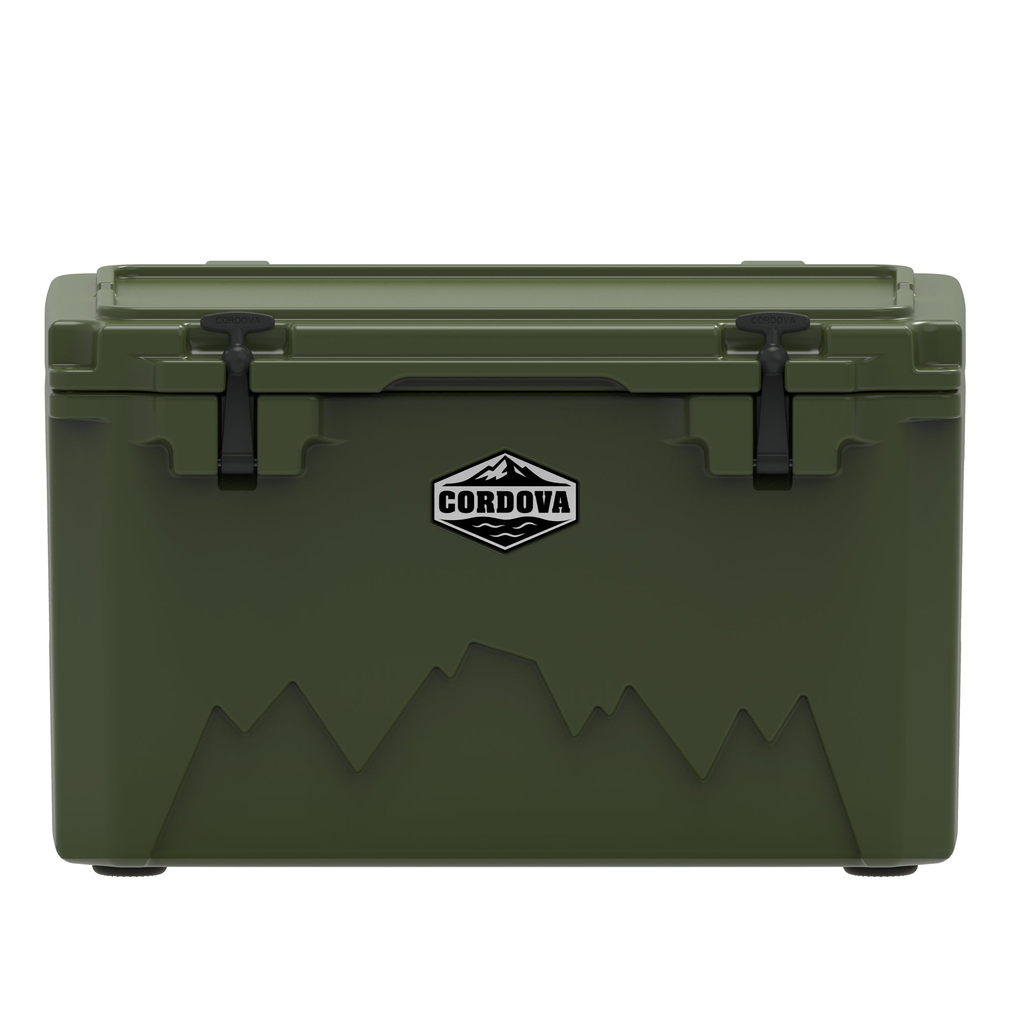 Olive green hard cooler at an angle with the lid closed and a molded side handle showing
