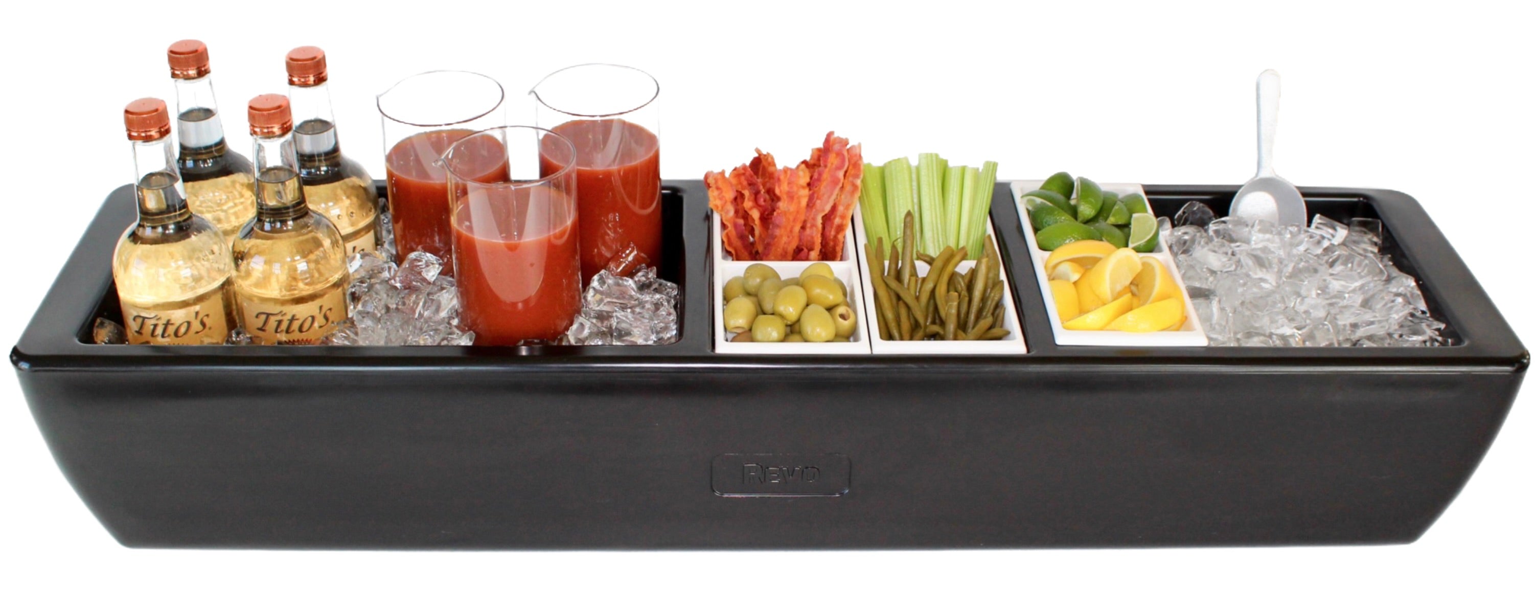 Empty black three-section cooler on gray, with a white divided condiment tray set in the middle compartment