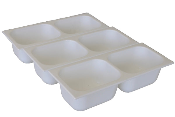 Three white plastic trays, each with two square compartments, stacked in a row on a white background